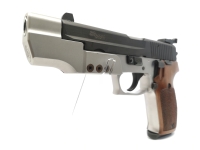 halbautomatische Pistole SIG Sauer - P220 S - Note 2  - schöne Sportpistole von Sig Sauer im Kal. 45 Auto, mit LPA-Visierung, Laufgewicht (montiert), Holzgriffschalen f. beidhändige Nutzung, Bi-Color-Design, Kimme mit weißer Markierung, 150mm Lauf (6"), s