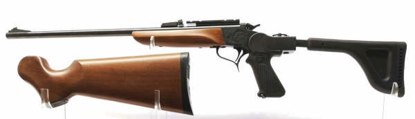 Einzellader Büchse Thompsen/Center - Contender - Note 2  - Einzellader-Bausatzwaffe Thompson Center Contender, Läufe wechselbar, System schussfest bis .45-70 Gov., Kunststoffklappschaft, Picatinnyschiene, offene Visierung über Kimme & Korn, orig. Holzhint