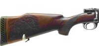 Repetierb&uuml;chse Zastava - 98er System - Note 1  - Unikatwaffe von Zastava im Kal. 458WinMag., Unikat durch prof. Schaftverschneidungen am Holzschaft, jagdliche Motive, offene Visierung mit Kimme und Korn, Aufnahmeschrauben auf dem System f&uuml;r Zastava-Basen 