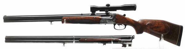 Bockb&uuml;chsflinte Esha - ohne - Note 2  - seltene Bockb&uuml;chs-/Bockdoppelkombination v. Robert Fl&uuml;ckiger Z&uuml;rich, Esha, 9,3x53R swiss und 16er Schrotkaliber als Bockb&uuml;chse, zweigeteilter Schaft, sch&ouml;ne seitliche Verzierungen am System, franz&ouml;sischer Stecher am
