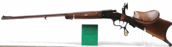 Einzellader B&uuml;chse ohne - Kolbe Suhl - Note 2  - vielf&auml;ltig gestempelte seltene Scheibenb&uuml;chse im Kaliber 9x57 R (Ursprungskaliber 8,15x46R), D.R.G.M. Beschriftung, Waffen-Nr. 10108, vermutlich Kaliberumbau durch Waffen-Wegner Kamen, Aydt System (Blockver
