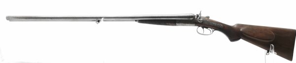 Doppelflinte FABRIQUE D ARMES DE LIEGE - ohne - Note 3  - belgische Doppelflinte aus Sammlernachla&szlig;, Schaftbacke links, Hahnspannung (jeder Lauf separat), verziertes System mit langen Seitenplatten, Chokeangaben 16,2 und 16,6, technisch in Ordnung, optisc
