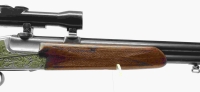 Bockdoppelflinte Simson - 100E - Note 3  - Suhler Bockdoppelflinte aus dem Jahr 1978, Hersteller SIMSON Suhl, Modell 100E (mit Ejektor), sch&ouml;ne jagdliche Tiefengravur auf dem System, ventilierte Schaftkappe, ZF4 (Ziel 4) per Einhakmontage montiert, Absehe