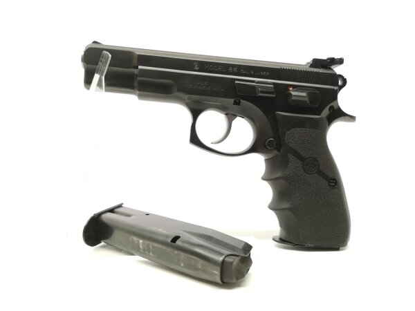 halbautomatische Pistole CZ Uhersky Brod - 85 - Note 2  - Sportpistole CZ 85, Kal. 9mmLuger, mit LPA-Visierung, guter gepflegter Zustand, mit 2 Magazinen, 9mm Luger Pistole mit beidseitigem Sicherungshebel, Gummigriff&uuml;berzug von Hogue, augenscheinlich ger