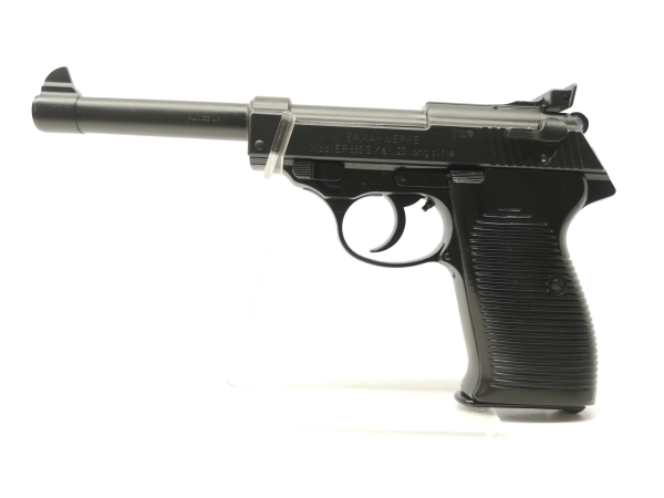 halbautomatische Pistole Erma - EP 882 S - Note 2  - Nachbau der P38 als Sportvariante mit 150mm Lauf, Kunststoffgriffschalen f&uuml;r beidh&auml;ndige Nutzung, verstellbare Kimme (nur seitliche Verstellung), linksseitige Sicherung, technisch in Ordnung und im gute