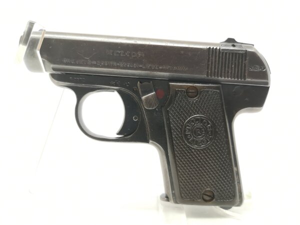 halbautomatische Pistole Melior - Brevete - Note 3  - belgische Taschenpistole von Melior im Kal. 6,35mm Browning, Modell Typ III, mit Bakelitgriffschalen in schwarz mit Melior Logo, Spannanzeige, Steckmagazin, Kimme und Korn, linksseitige Sicherung, im a