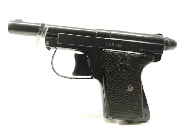 halbautomatische Pistole unbekannt - Le Francaise Policeman - Note 2  - Taschenpistole Policeman v. Manufacture Francais (MF), vermutlich umgebaut Kipplauffunktion entfernt, Sicherung entfernt, somit wir der erste Schuss aus dem Magazin geladen, 82mm Lauf