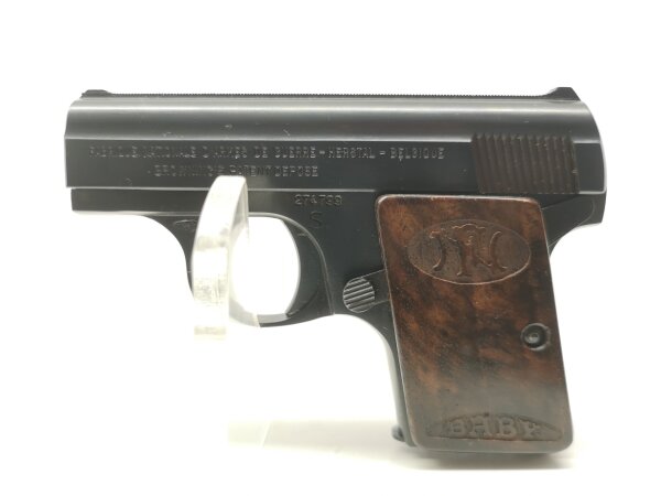 halbautomatische Pistole FN - Baby - Note 2  - belgische "Baby"-Taschenpistole mit Holzgriffschalen, Kal. 6,35mm Browning, Holzgriffschalen mit FN Logo plus Schriftzug "Baby", linksseitige Sicherung, Steckmagazin, optisch und technisch im gutem gepflegtem