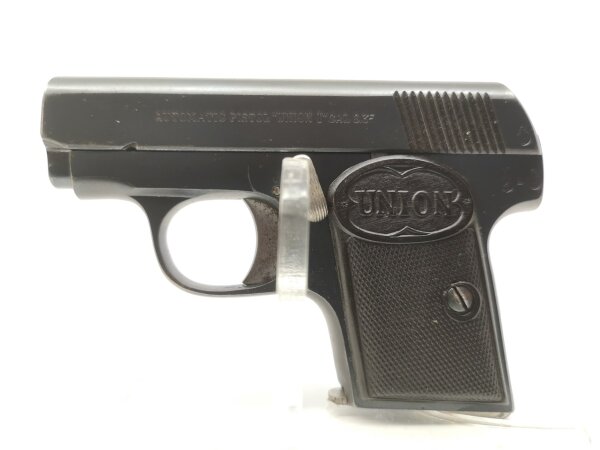 halbautomatische Pistole Union - I - Note 3  - spanische Variante eines 1906er Modells im Kal. 6,35mm Browning aus Sammlungsaufl&ouml;sung, Zustand Note 2,5, technisch in Ordnung, Lauf sehr gut, mit Steckmagazin, Bekelit-Griffschalen schwarz mit Union-Logo, Si