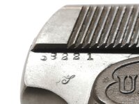 halbautomatische Pistole Union - I - Note 3  - spanische Variante eines 1906er Modells im Kal. 6,35mm Browning aus Sammlungsaufl&ouml;sung, Zustand Note 2,5, technisch in Ordnung, Lauf sehr gut, mit Steckmagazin, Bekelit-Griffschalen schwarz mit Union-Logo, Si
