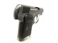 halbautomatische Pistole Union - I - Note 3  - spanische Variante eines 1906er Modells im Kal. 6,35mm Browning aus Sammlungsaufl&ouml;sung, Zustand Note 2,5, technisch in Ordnung, Lauf sehr gut, mit Steckmagazin, Bekelit-Griffschalen schwarz mit Union-Logo, Si
