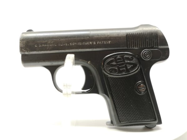 halbautomatische Pistole Haenel - Mod. 1 - Note 3  - kleine Taschenpsitole aus dem Hause Haenel Suhl, Kal. 6,35mm Browning, Sammlungsaufl&ouml;sung, Bakelit-Griffschalen mit "SH" Logo, leichte Rostn&auml;rbchen am Schlitten, sonst im guten Zustand, Note 3 reinoptis