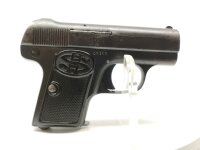 halbautomatische Pistole Haenel - Mod. 1 - Note 3  - kleine Taschenpsitole aus dem Hause Haenel Suhl, Kal. 6,35mm Browning, Sammlungsaufl&ouml;sung, Bakelit-Griffschalen mit "SH" Logo, leichte Rostn&auml;rbchen am Schlitten, sonst im guten Zustand, Note 3 reinoptis