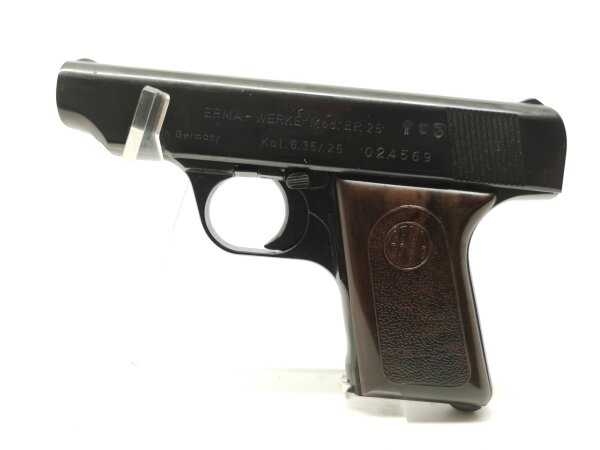 halbautomatische Pistole Erma - EP 25 - Note 1  - sehr gut erhaltene Taschenpistole von ERMA, Modell EP25, Kal. 6,35mm Browning, sehr guter Erhaltungszustand, braune Kunststoffgriffschalen, Br&uuml;nierung sehr gut erhalten, technisch einwandfrei ,Steckmagazin