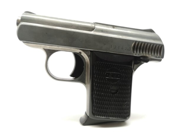 halbautomatische Pistole Rh&ouml;ner - SM 115 - Note 3  - deutsche Taschenpistole f&uuml;r Sammler, Hersteller: Rh&ouml;ner (SM),  Mod. 115, bicolor (silber/schwarz), ordentlicher  Sammlerzustand, Note 3, Schlitten mechanisch / chemisch "beschliffen", dadurch nur noch W