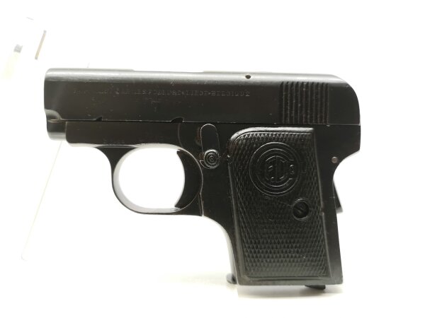 halbautomatische Pistole Delu - ohne - Note 2  - handliche Taschenpistole im Kleinformat von DELU - Liege, mit Bakelitgriffschalen, FD-Logo auf den Griffschalen, Handballensicherung, Steckmagazin, Sicherungshebel, technisch in Ordnung, optisch altersbedin