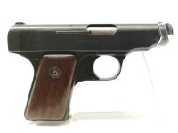 halbautomatische Pistole Deutsche Werke - Ortgies - Note 2  - handliche Taschenpistole aus Erfurt, bekannt unter dem Namen Ortgies, Kal. 6,35mm, mit Holzgriffschalen und Handballensicherung, goldfarbenes Logo auf den Griffschalen, Br&uuml;nierung im gutem Zust