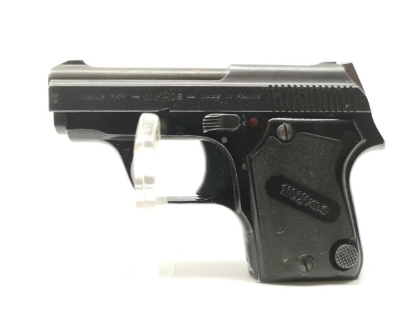 halbautomatische Pistole Unique - Mikros K - Note 3  - franz&ouml;sische Taschenpistole v. Unique, Modell "K" aus Sammlungsaufl&ouml;sung, Kal. 6,35mm Browning, mit Kimme und Korn, silberfarbenem Hahn, Steckmagazib, Kunststoffgriffschalen mit "Mikros"-Schriftzug, o