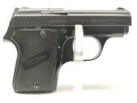 halbautomatische Pistole Unique - Mikros K - Note 3  - franz&ouml;sische Taschenpistole v. Unique, Modell "K" aus Sammlungsaufl&ouml;sung, Kal. 6,35mm Browning, mit Kimme und Korn, silberfarbenem Hahn, Steckmagazib, Kunststoffgriffschalen mit "Mikros"-Schriftzug, o