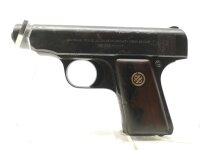halbautomatische Pistole Deutsche Werke - Ortgies - Note 3  - handliche Taschenpistole aus Erfurt, bekannt unter dem Namen Ortgies, Kal. 6,35mm, mit Holzgriffschalen und Handballensicherung, goldfarbenes Logo auf den Griffschalen, Br&uuml;nierung am Schlitten 