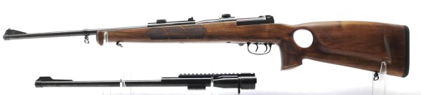 Repetierb&uuml;chse Mauser - M66 - Note 2  - Repetierb&uuml;chsen-Kombination Mauser M66 mit 60er Lauf und 55er Otto Repa Wechsellauf sowie Lochgriffschaft, Lochgriffschaft ist neuwertig, Br&uuml;nierung der beiden L&auml;ufe ist i.O., beide L&auml;ufe im Kal. 7x64, Wechsellauf m