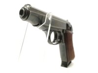 halbautomatische Pistole Walther - PP - Note 2  - f&uuml;hrige Pistole im Kal. 7,65mm Browning aus dem Hause Carl Walther Ulm, Mod. PP, offene feste Visierung &uuml;ber Kimme und Korn, Steckmagazin, Holzgriffschalen, Beschu&szlig; 1976, mit "NdS" Logo, 95mm Laufl&auml;nge, op