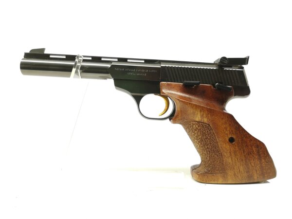 halbautomatische Pistole FN - Mod. 150 - Note 2  - belgische Sportwaffe im Kleinkaliber (.22lr.), mit Holzformgriff Gr. M f&uuml;r Rechtsh&auml;nder, Steckmagazin, verstellbarer Kimme, runder massiver 6" Lauf, goldfarbenes Abzugsz&uuml;ngel, ventilierte Laufschiene, mas