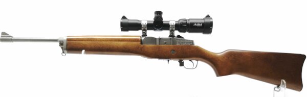 halbautomatische B&uuml;chse Ruger - Ranch Rifle Mini 14 - Note 2  - sehr gut erhaltene halbautomatische B&uuml;chse RUGER Mini 14, auch Ranch Rifle genannt, Kal. .223 Remington, Holzschaft, Metallschaftkappe, in silber gehaltenes System und Lauf, Drehkimme und Kor