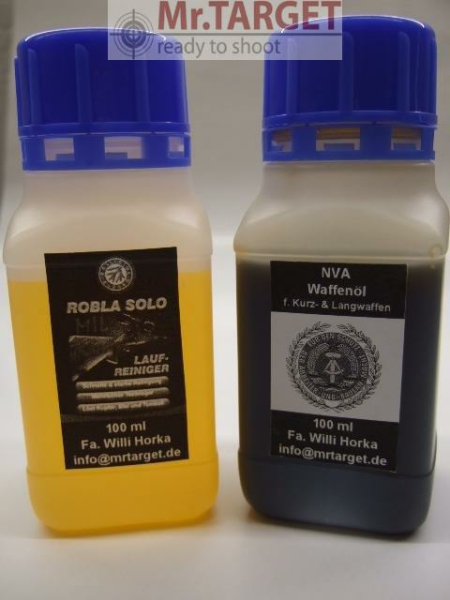 PFLEGE-SET Laufreiniger ROBLA SOLO MIL (original) & NVA-Waffenöl (original), je 1x 100ml PU-Flasche